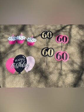 Pink & Black "Happy Birthday" Balloon and Cupcake Yard Signs - 60 Theme